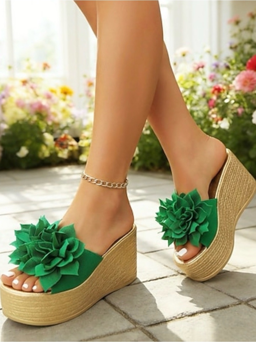 Feeling Lucky??? Green Floral Platform Wedge Slide - Women